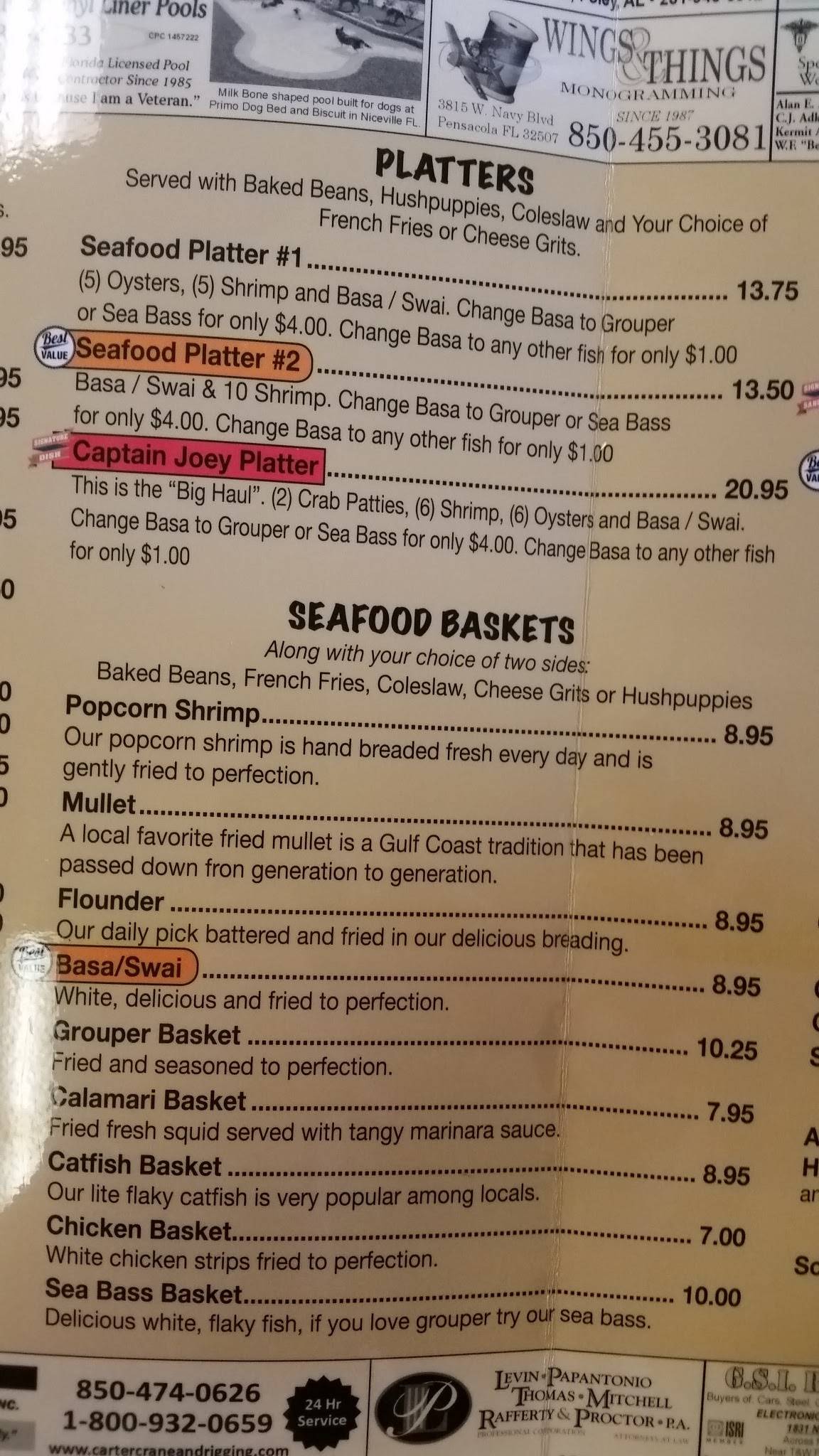 Menu at Captain Joey Patti's Seafood & Saloon restaurant, Pensacola, W ...