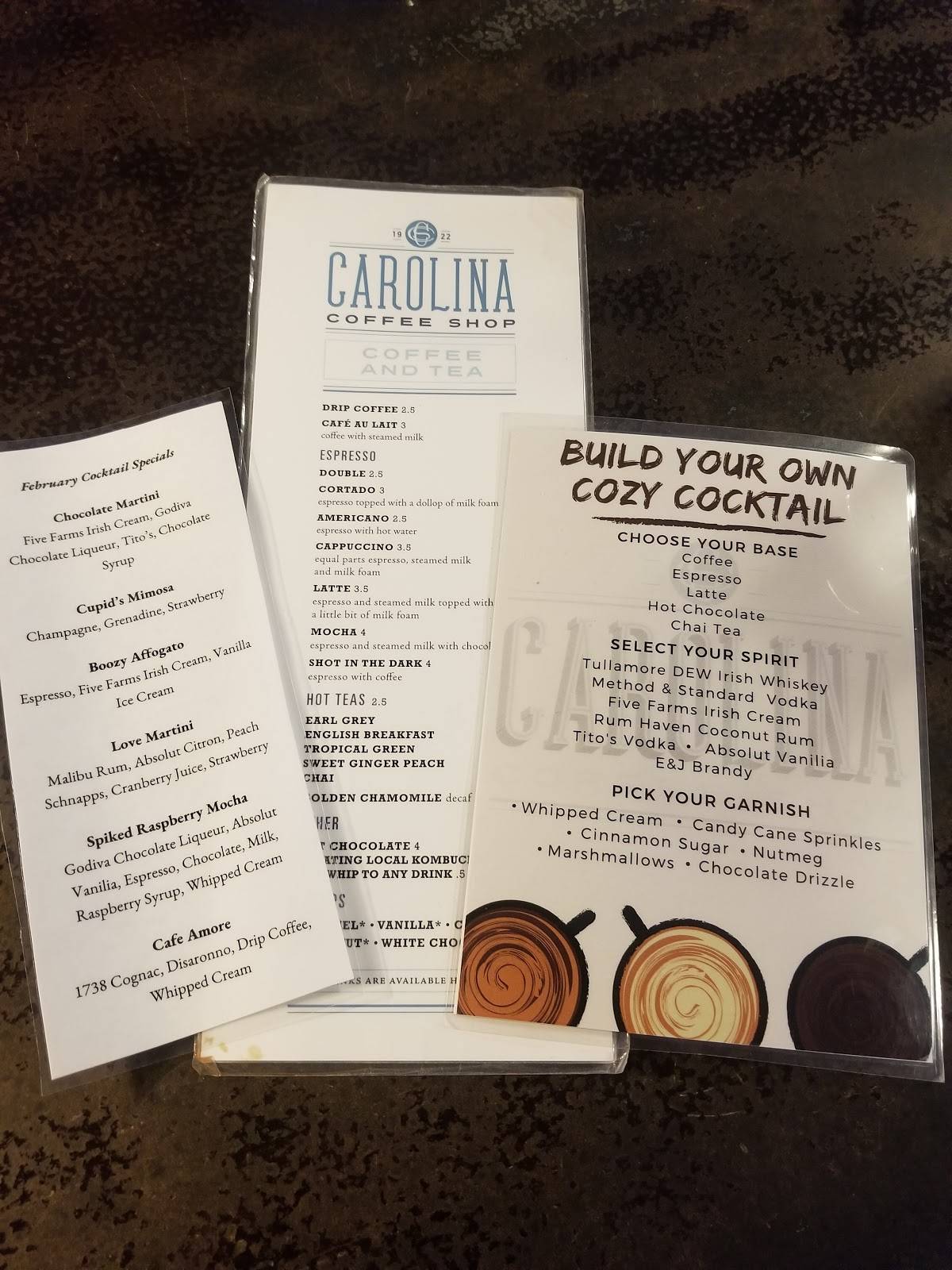Menu at Carolina Coffee Shop cafe, Chapel Hill