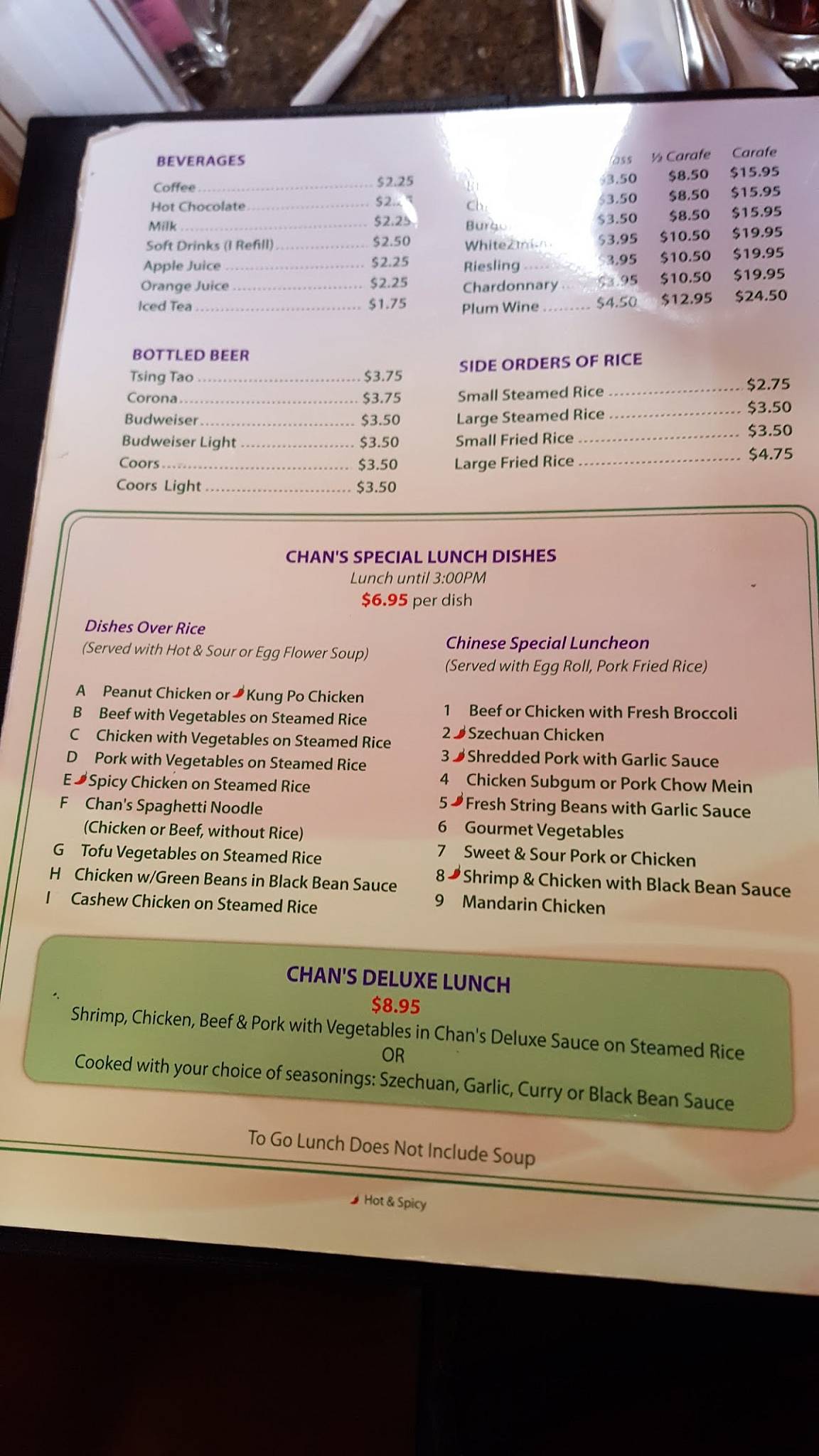 Menu at Chan's Chinese Restaurant, McMinnville
