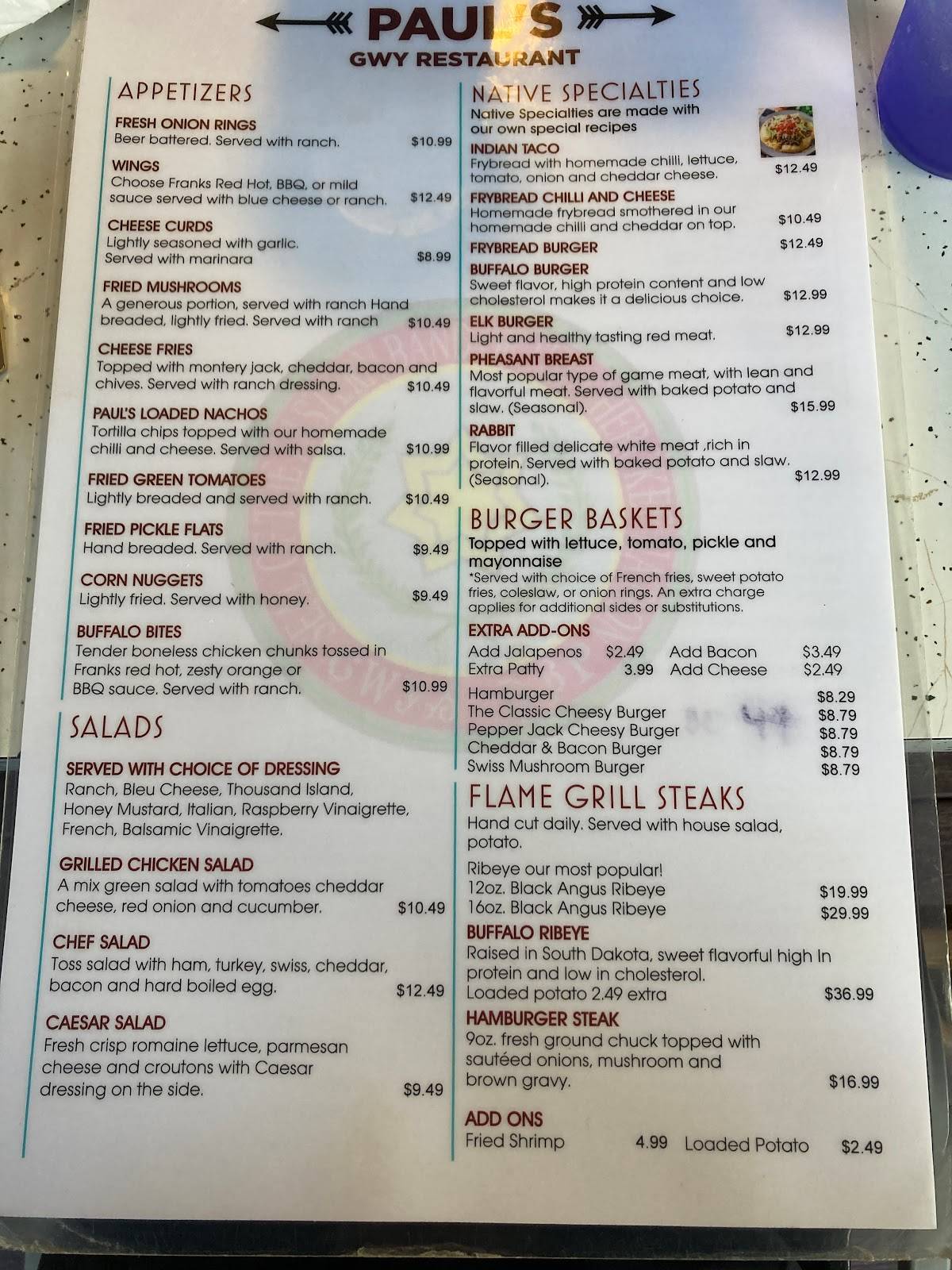 Menu at Paul's Family Restaurant, Cherokee