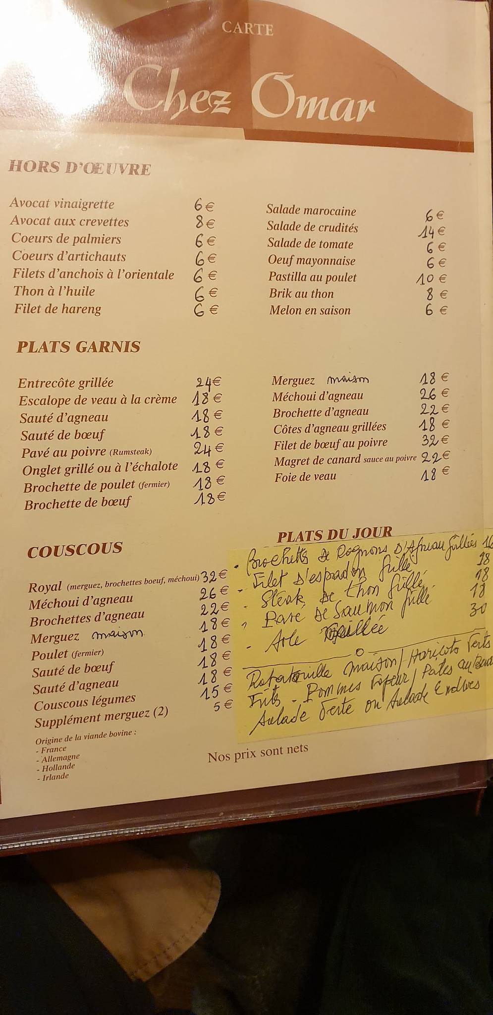 Menu at Chez Omar restaurant, Paris, 47 Rue de Bretagne