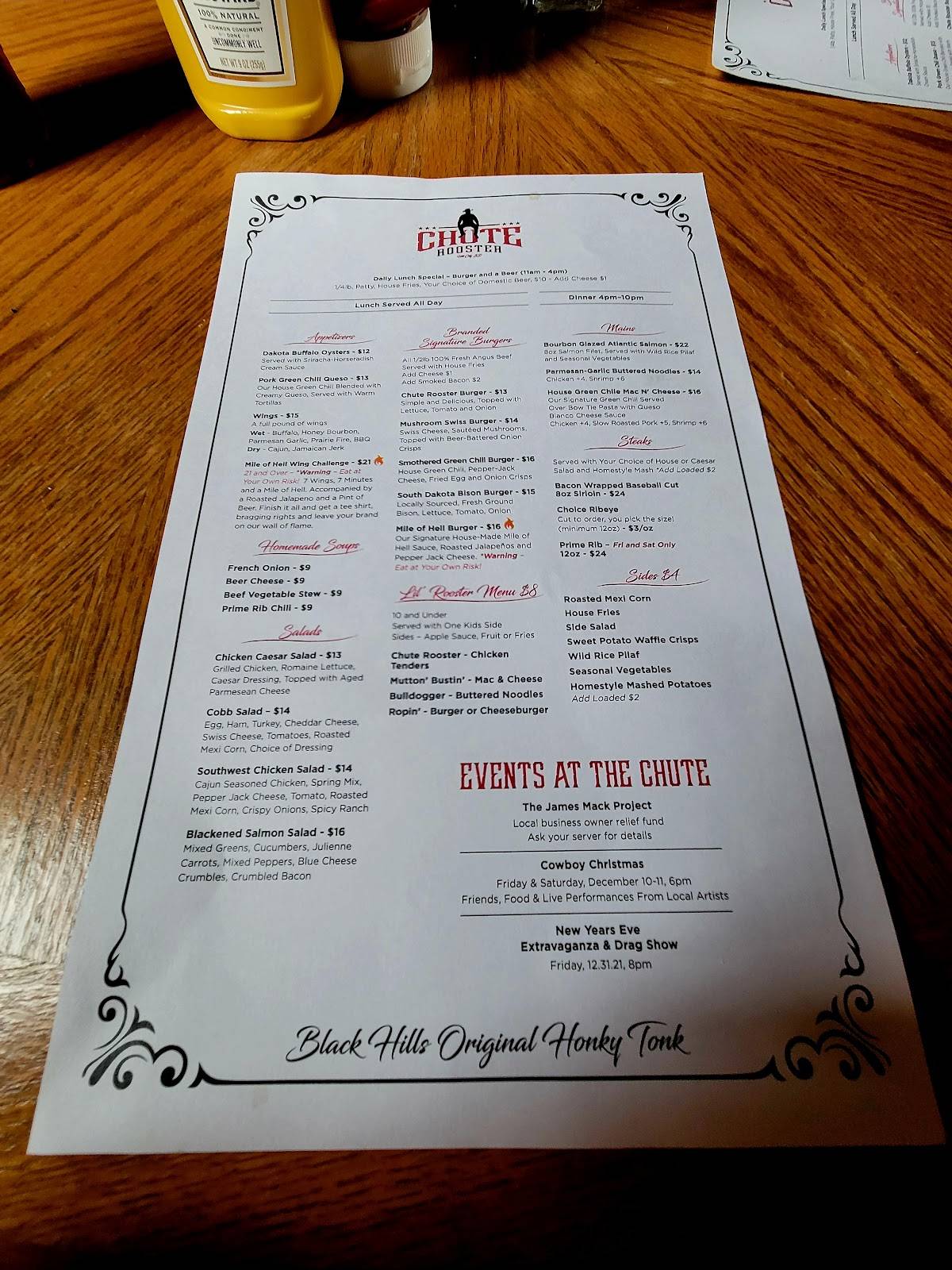 Menu at Chute Rooster steakhouse, Hill City