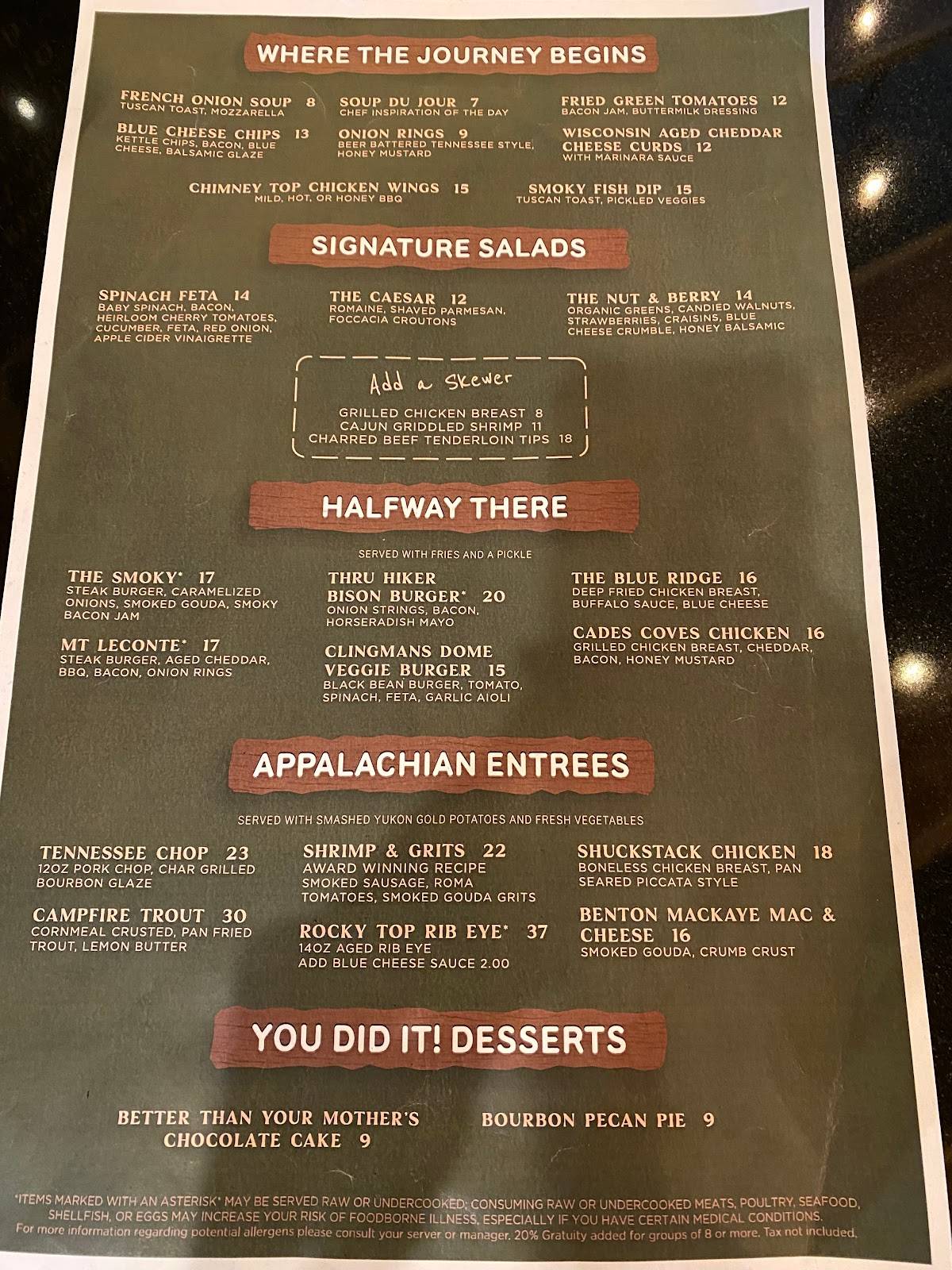 Menu at Cliff Top Restaurant at Anakeesta, Gatlinburg