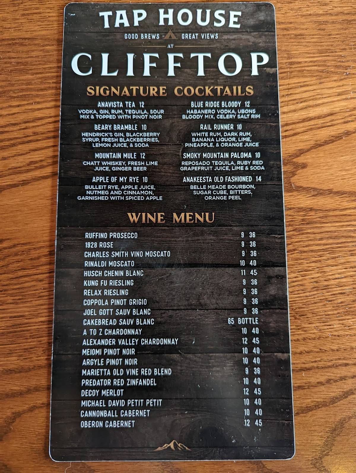 Menu at Cliff Top Restaurant at Anakeesta, Gatlinburg