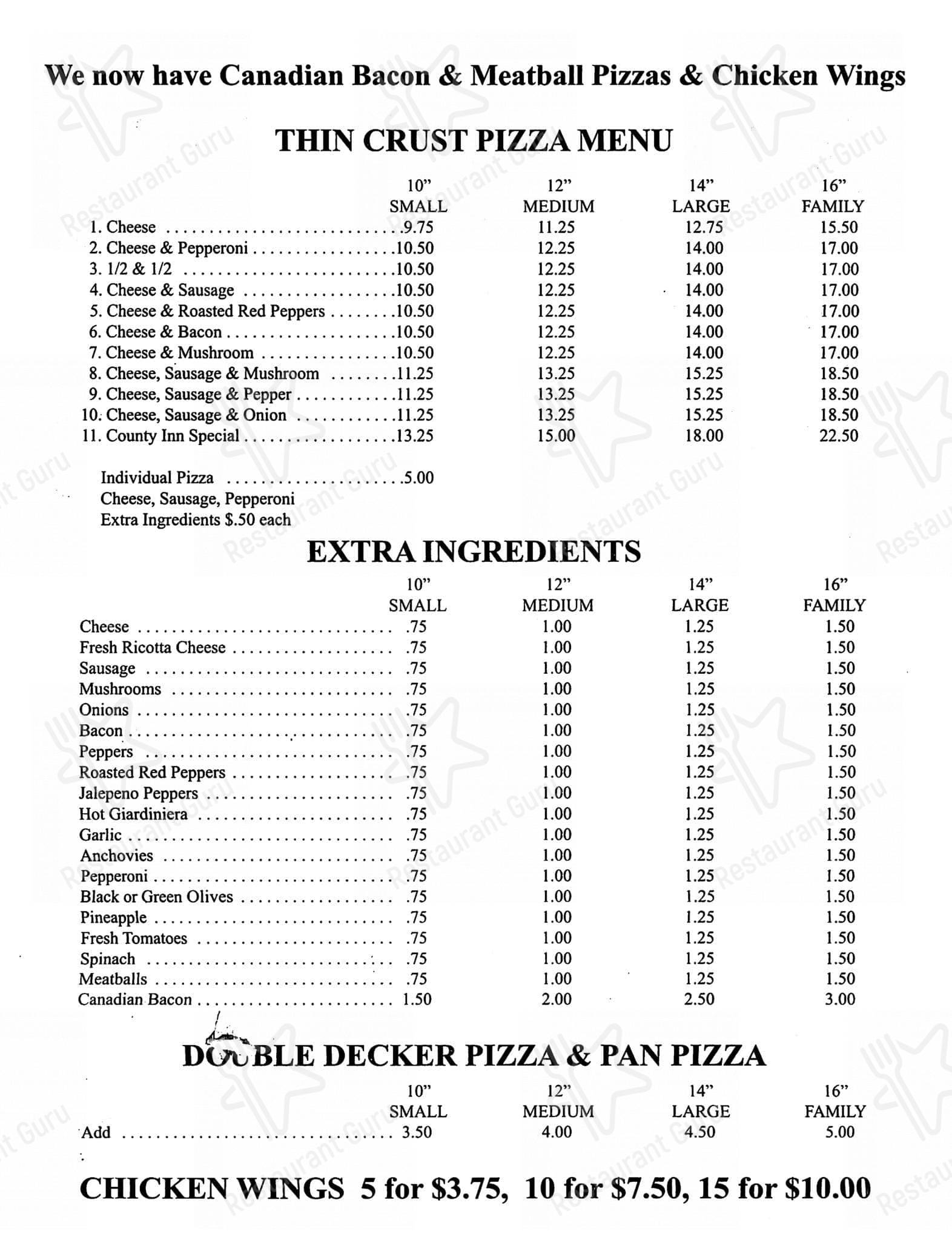 County Inn Pizza menu
