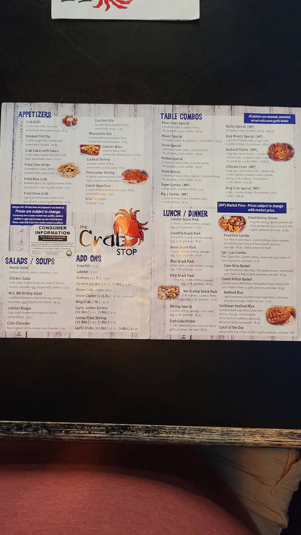 Menu at Crab Stop of Vero Beach Seafood Restaurant, Vero Beach