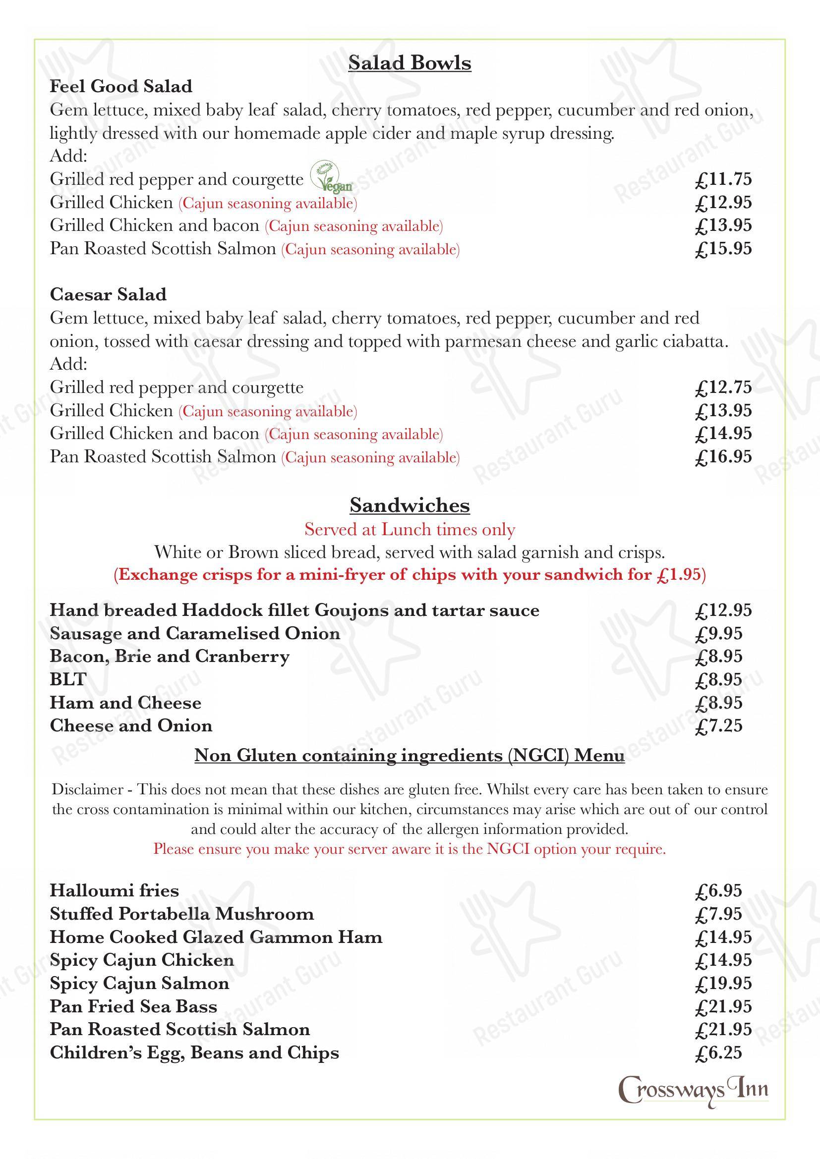 Menu at Crossways Inn and Bed & Breakfast pub & bar, West Huntspill