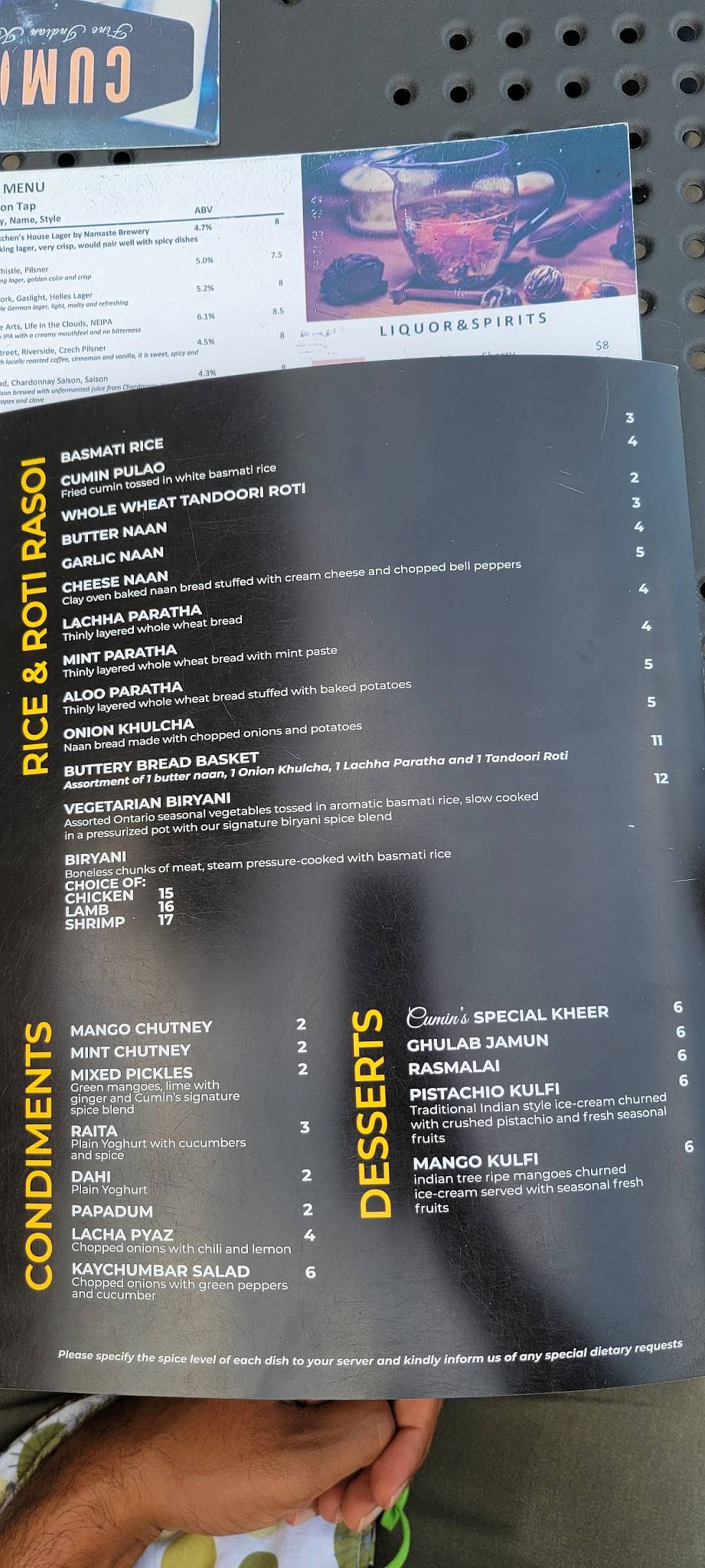 Menu at Cumin Kitchen restaurant, Toronto, Danforth Ave