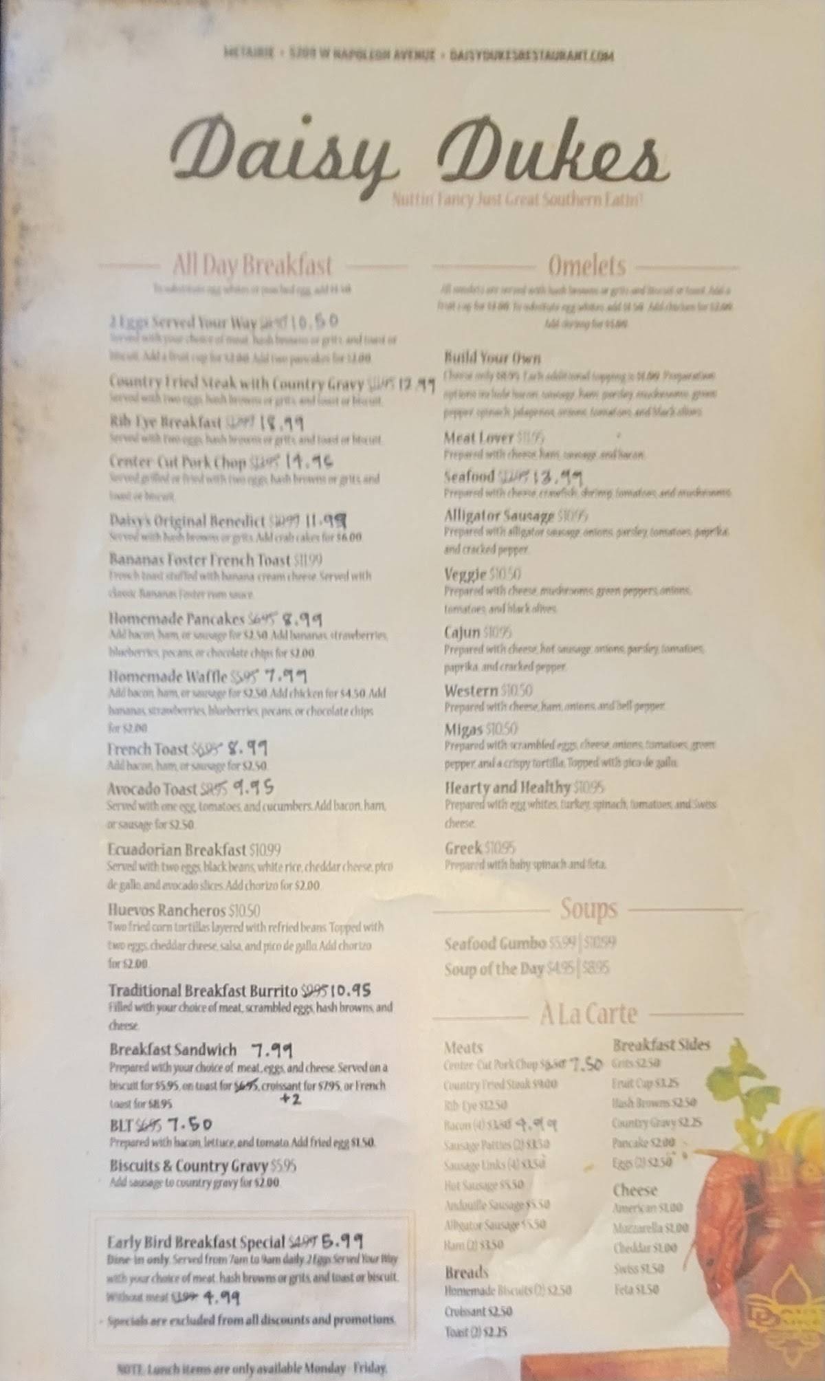 Menu at Daisy Dukes Metairie restaurant, Metairie, W Napoleon Ave