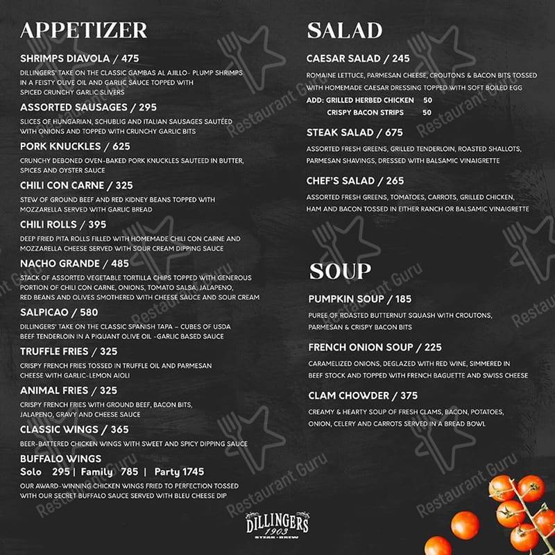 Menu at Dillingers 1903 Steak and Brew pub & bar, Makati
