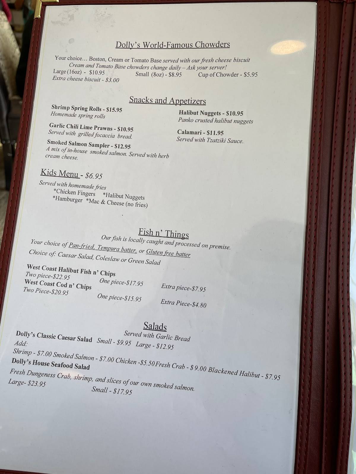 Menu at Dolly's Fish Market restaurant, Prince Rupert
