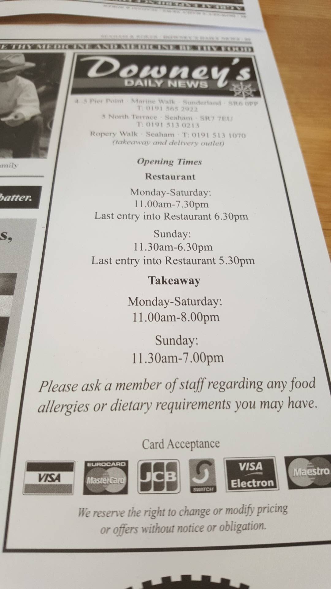 Menu at Downey’s Fish & Chips fast food, Seaham