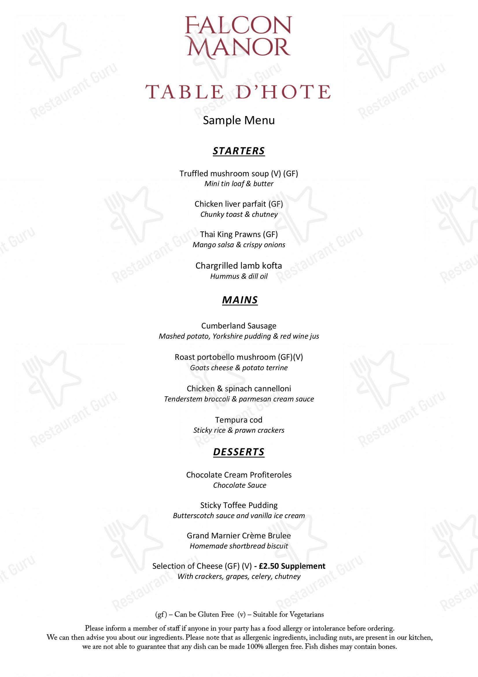 Menu at The Falcon Manor Hotel, Settle