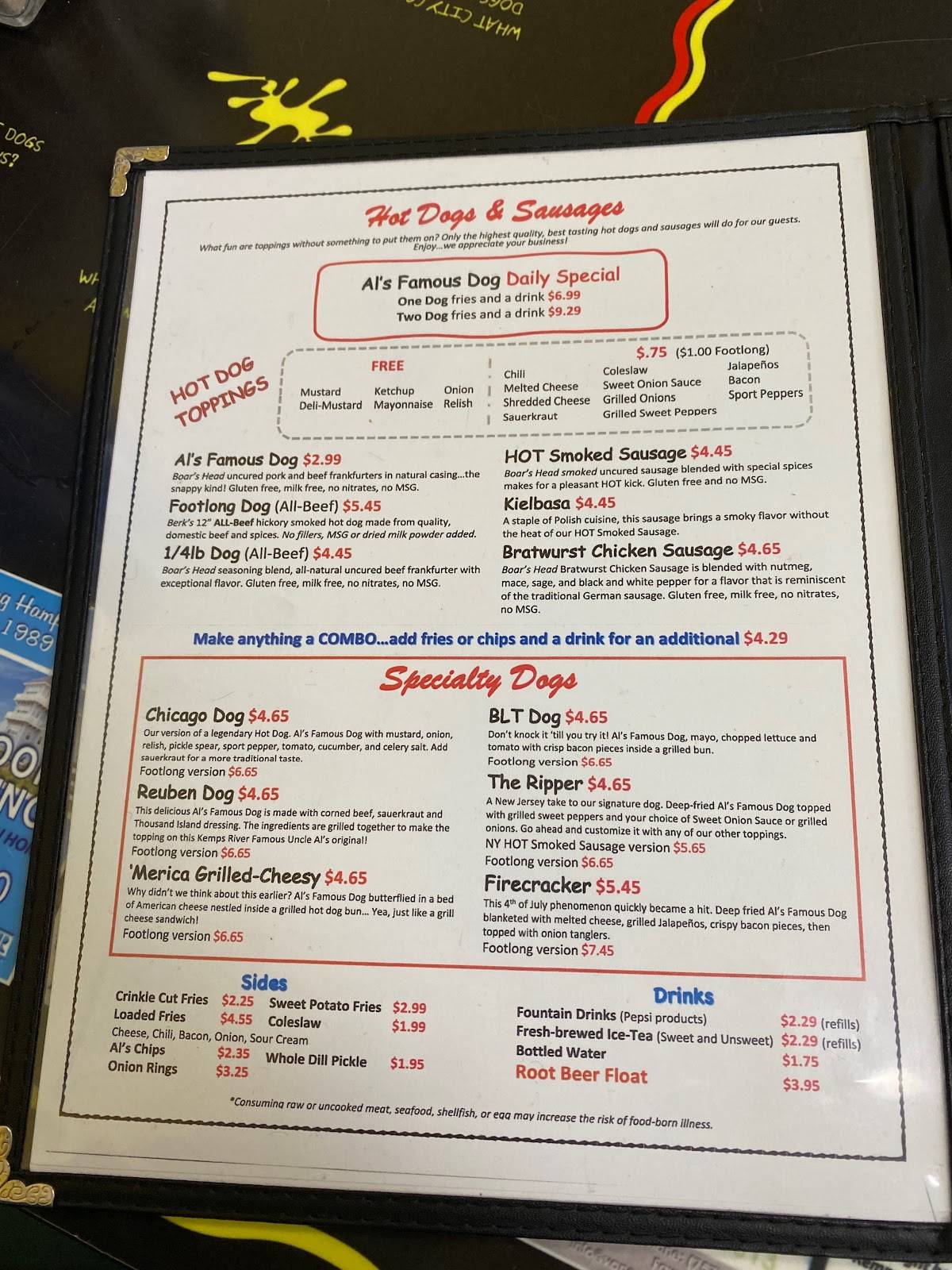 Menu at Famous Uncle Al's @ Kemps River restaurant, Virginia Beach ...