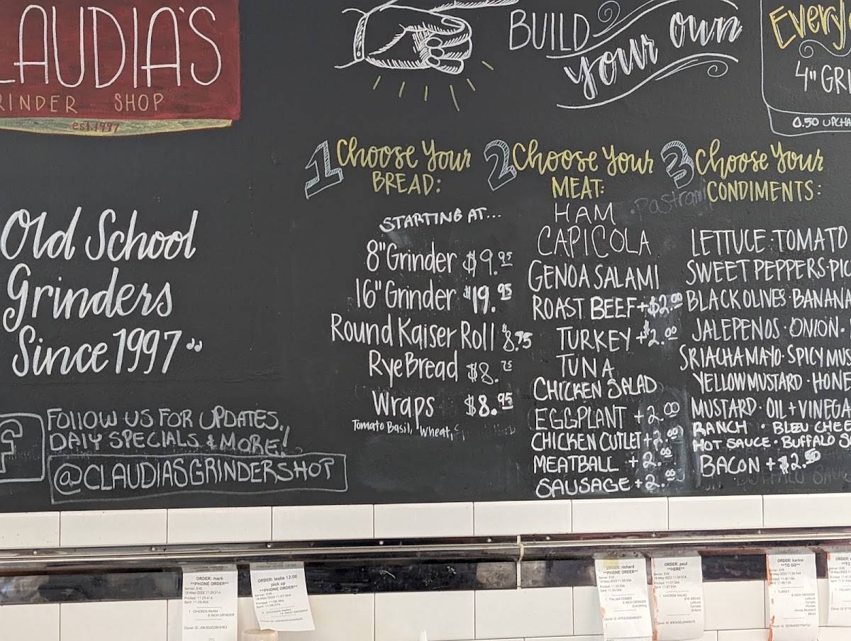Menu at Claudia's Grinder Shop restaurant, Farmington