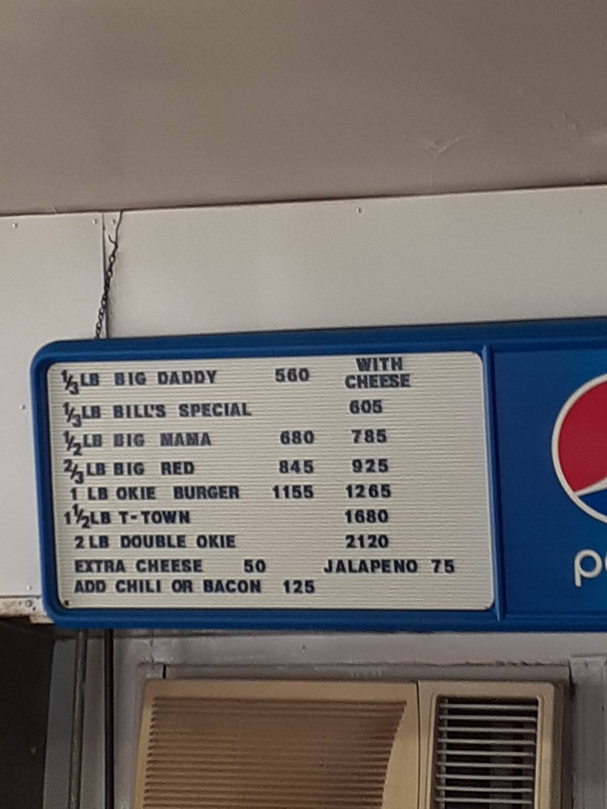 Menu at Bill's Jumbo Burgers fast food, Tulsa