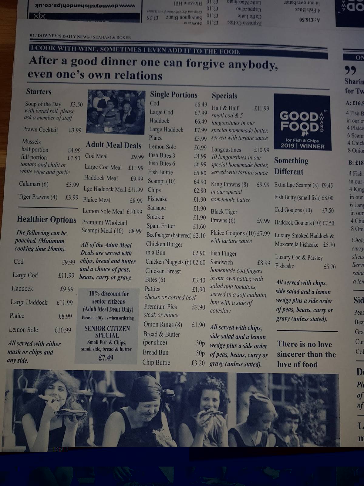 Menu at Downey’s Fish & Chips fast food, Seaham