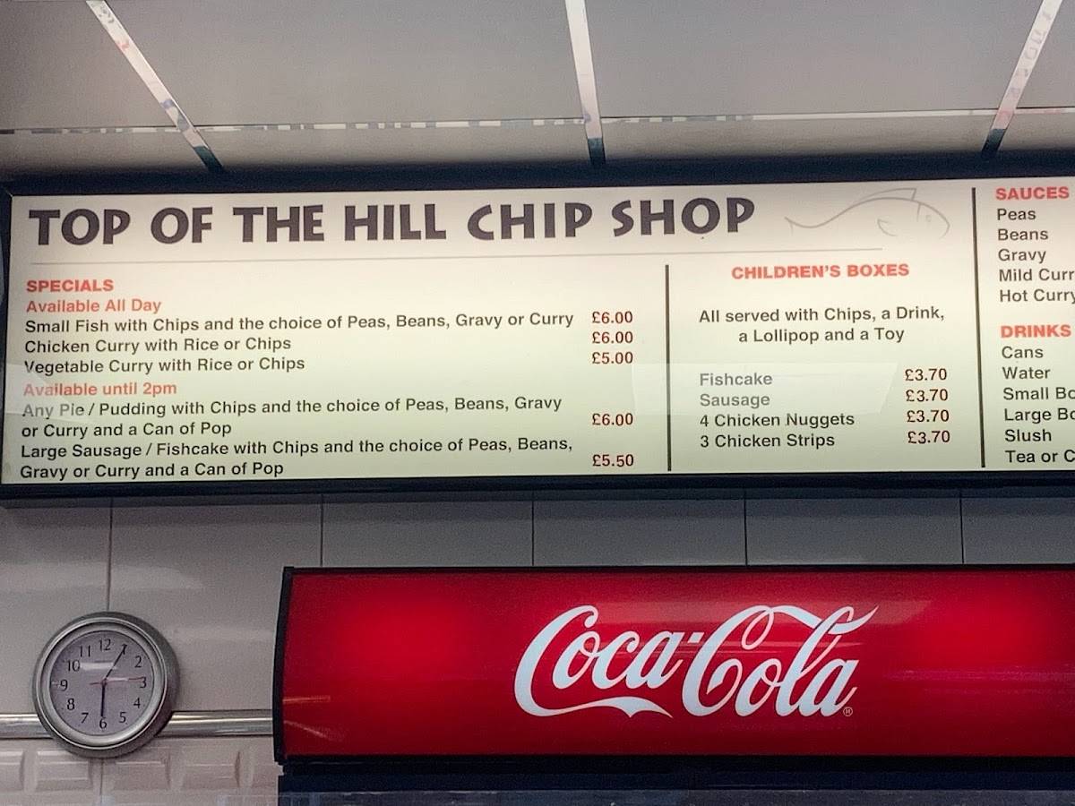 Menu at Top Of The Hill Chip Shop fast food, Sandbach