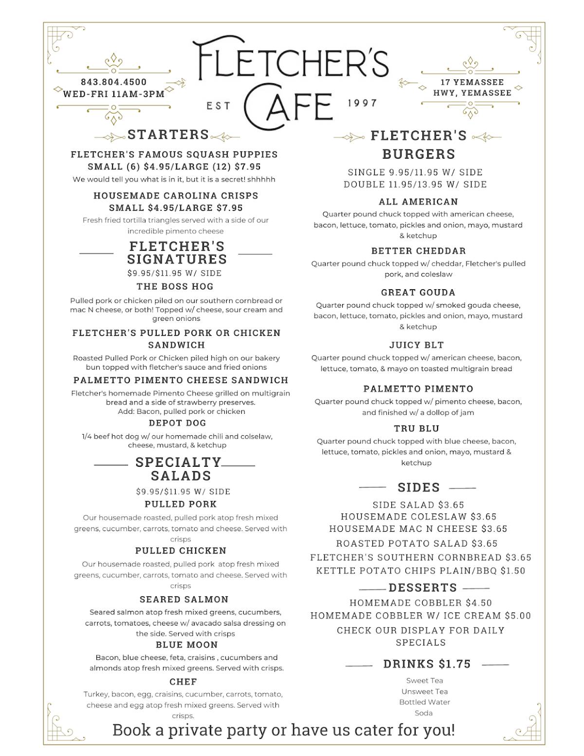 Menu at Fletcher's and Company Antiques and Rugs restaurant, Yemassee