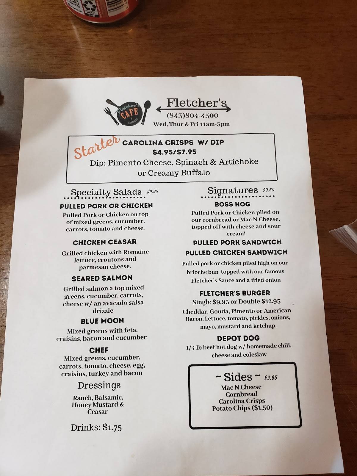 Menu at Fletcher's and Company Antiques and Rugs restaurant, Yemassee