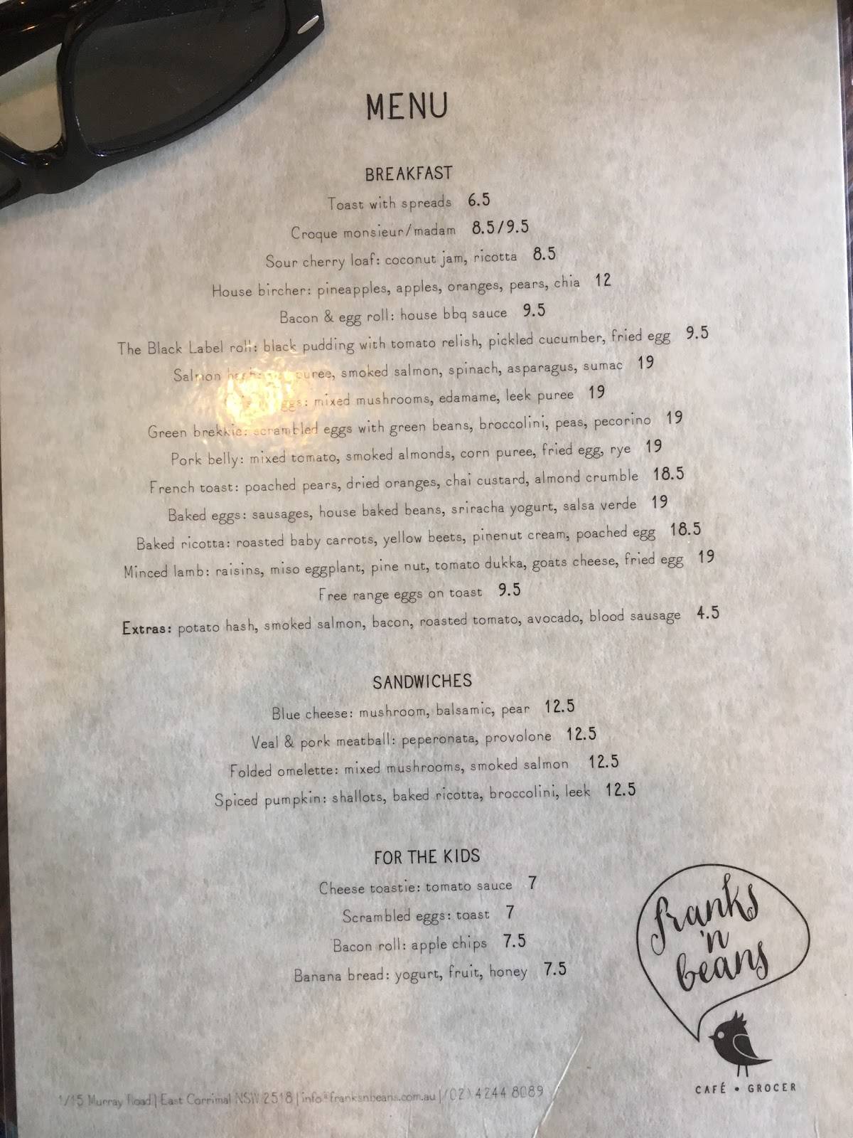 Menu at Franks 'n Beans cafe, East Corrimal