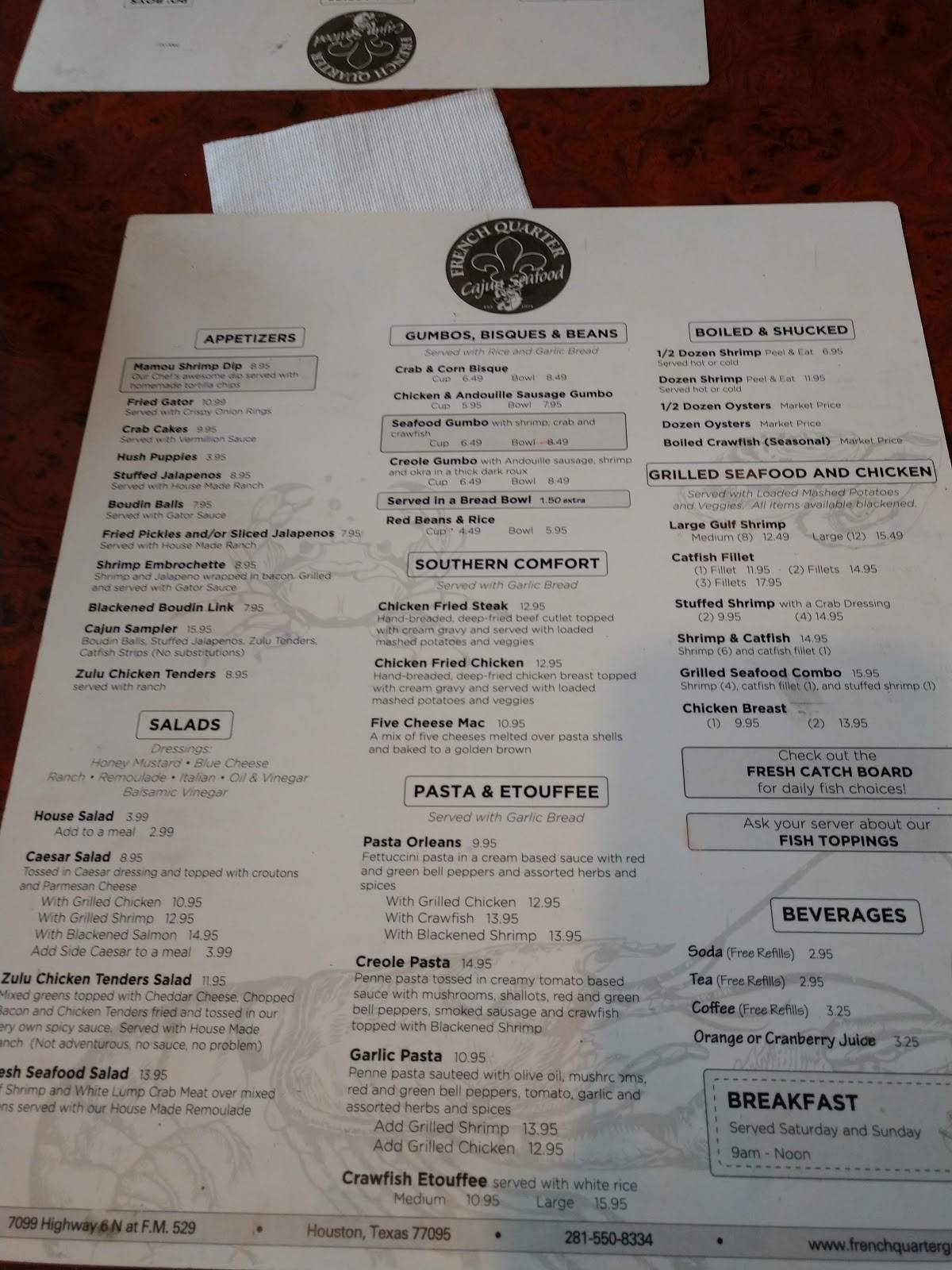 Menu at French Quarter Cajun Seafood restaurant, Houston, Hwy 6 N