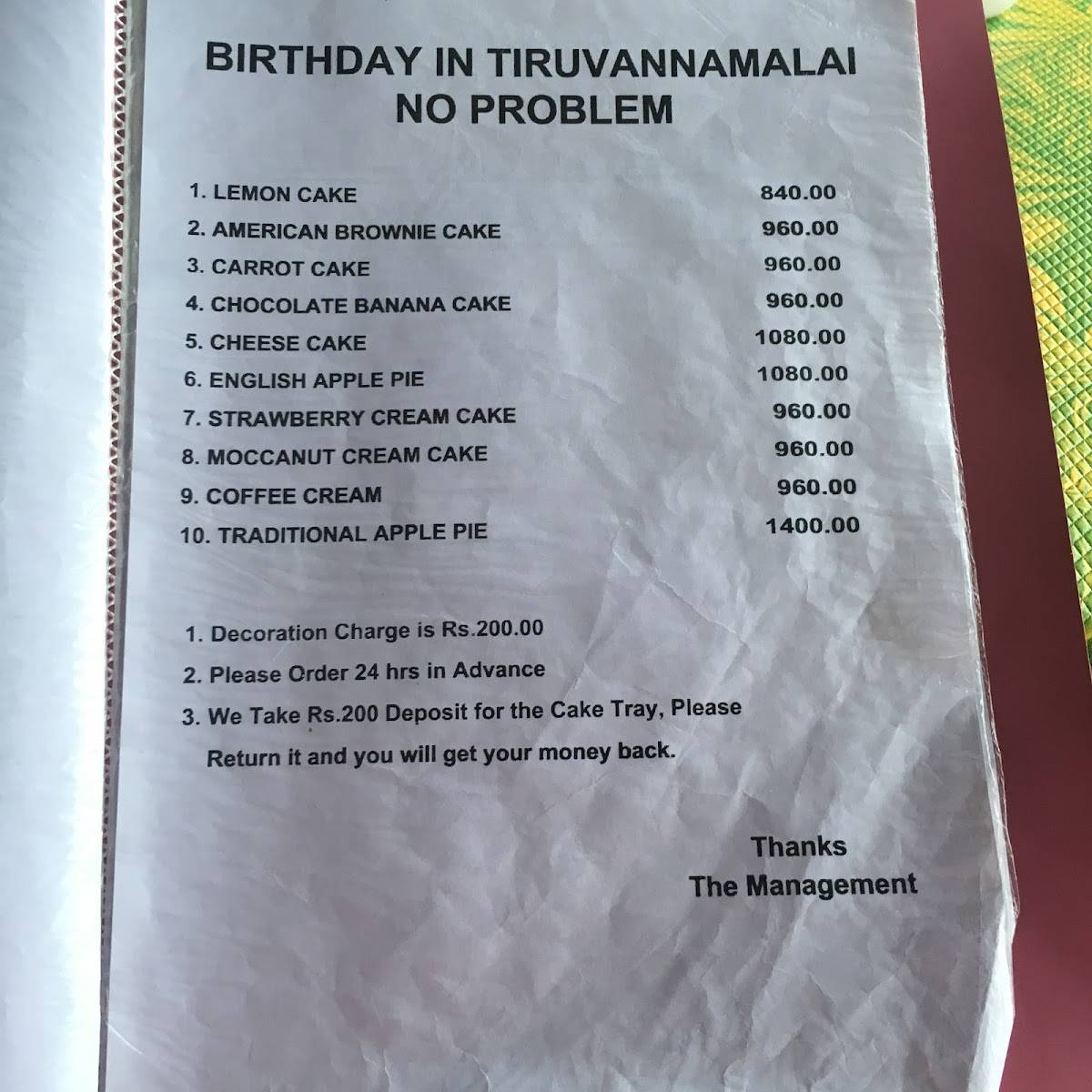 Menu at German Bakery, Tiruvannamalai