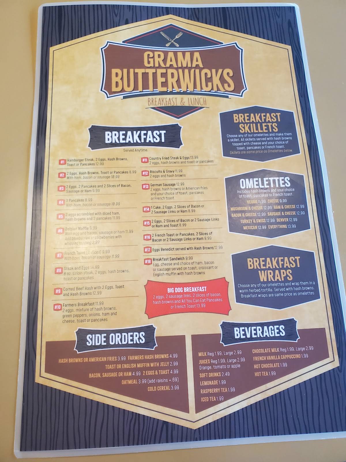 Menu at Grama Butterwick's Restaurant, Grand Forks