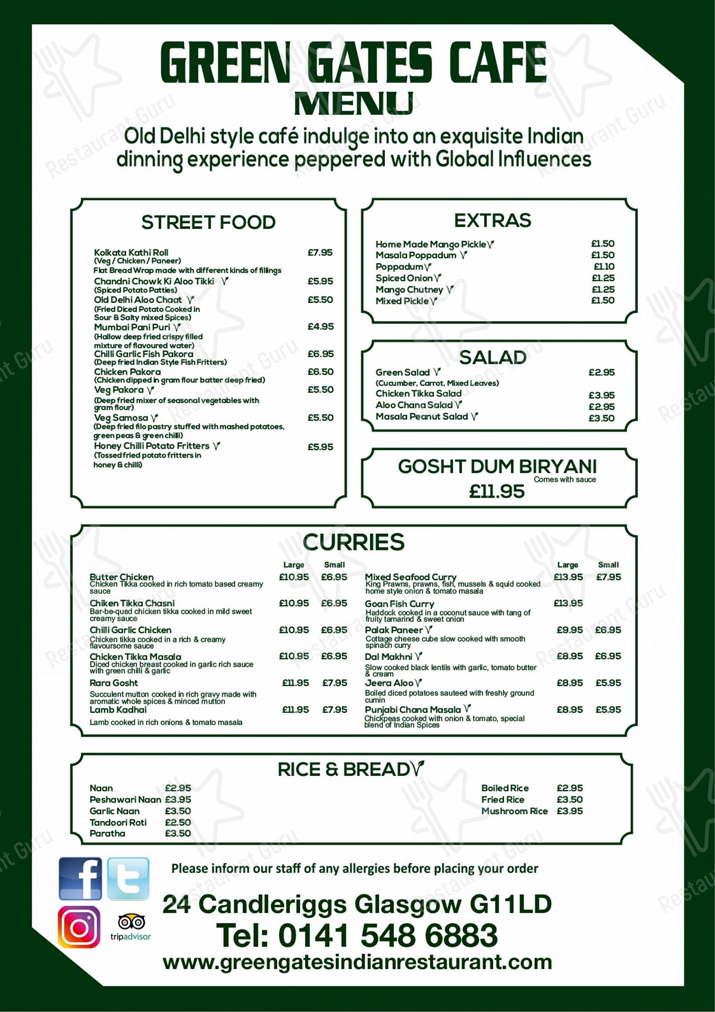 Menu at Green Gates Cafe, Glasgow