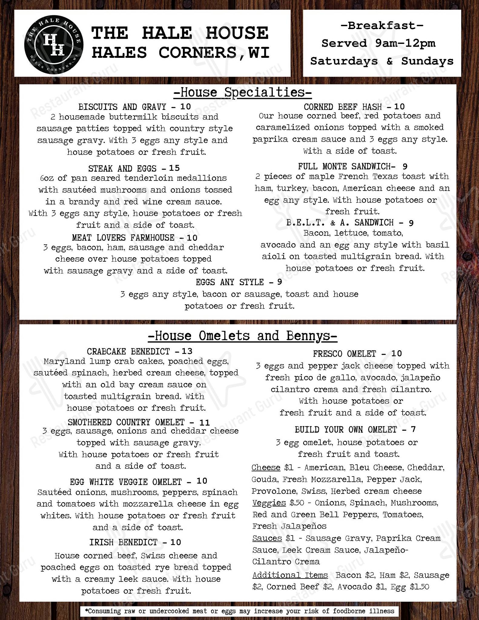Menu at The Hale House pub & bar, Hales Corners