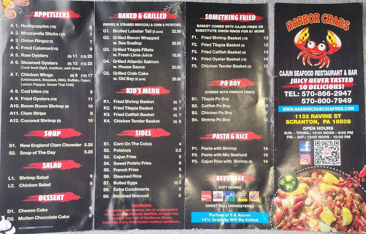 Menu at Harbor Crabs restaurant, Dickson City, 1132 Ravine St