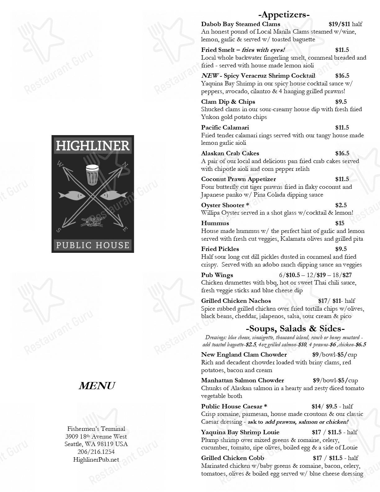 Menu at Highliner Public House, Seattle