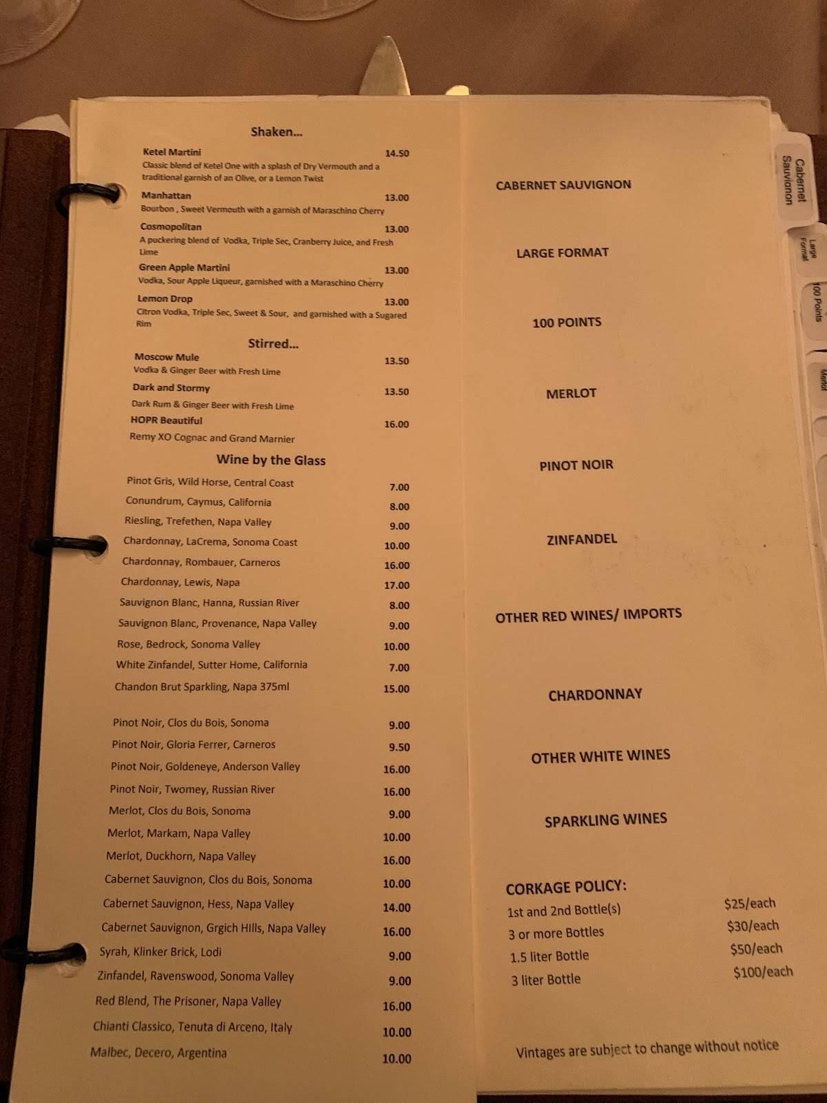 Menu at House of Prime Rib pub & bar, San Francisco