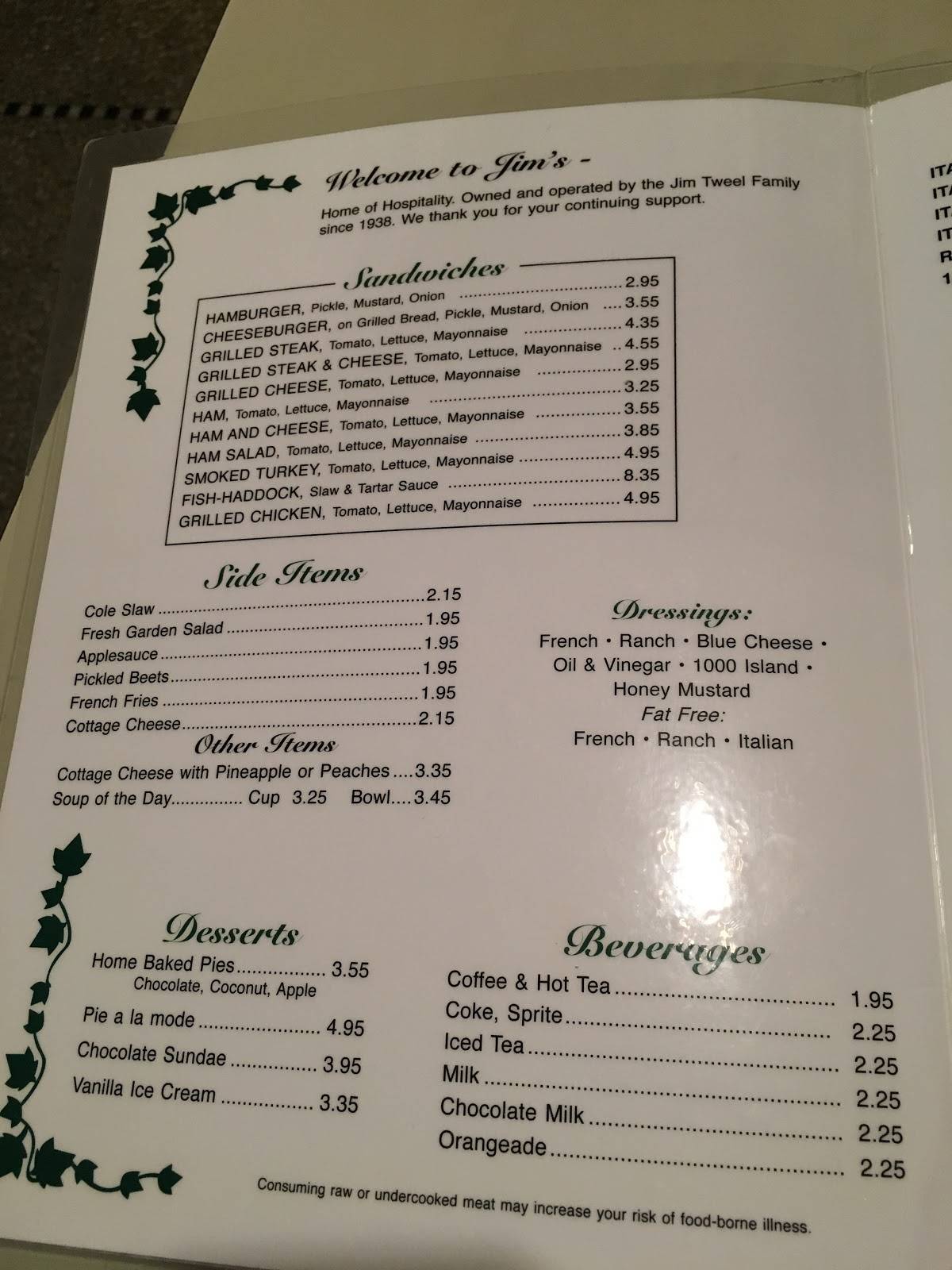 Menu at Jim's Steak & Spaghetti House restaurant, Huntington