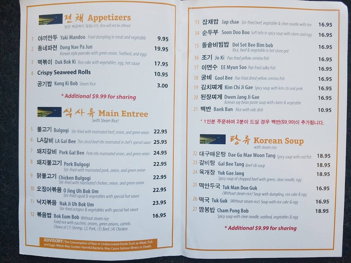 Menu at Hwang Keum Jung Korean Restaurant, Brunswick