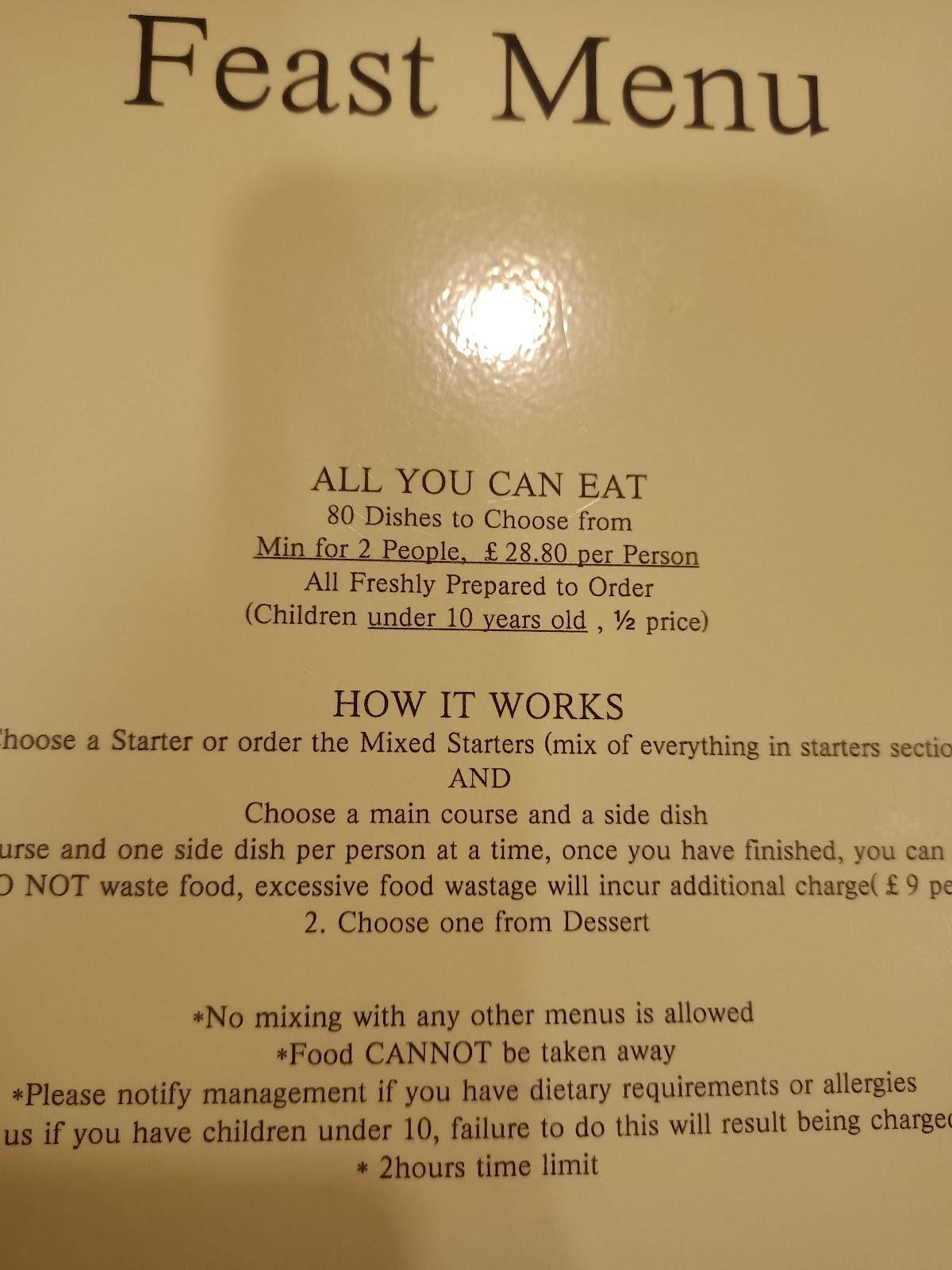 Menu at Jasmine Restaurant, Yelverton