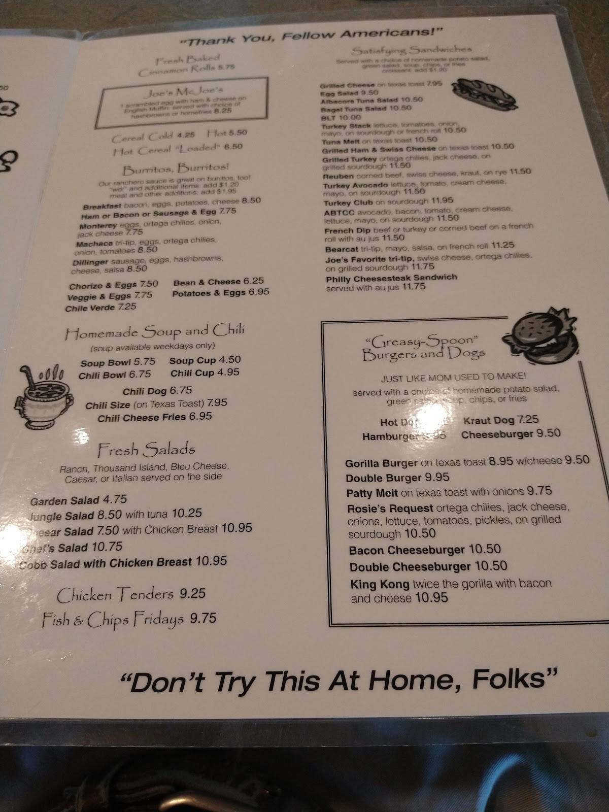 Menu at Joe's OneNiner Diner restaurant, Paso Robles