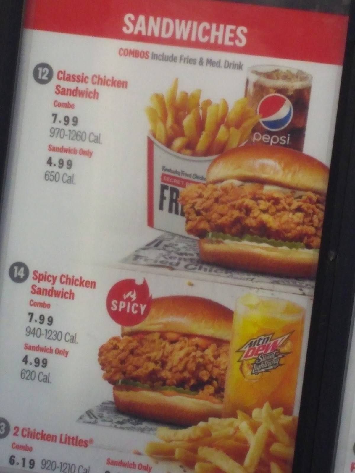 Menu at KFC fast food, Bridgeview, S Harlem Ave