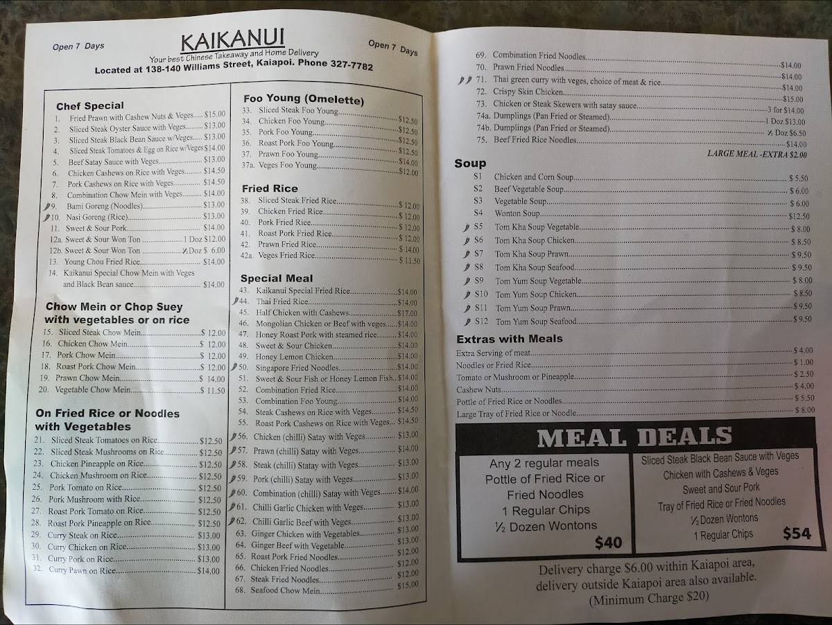 Menu at Kaikanui Fish & Chip and Chinese Restaurant, Kaiapoi