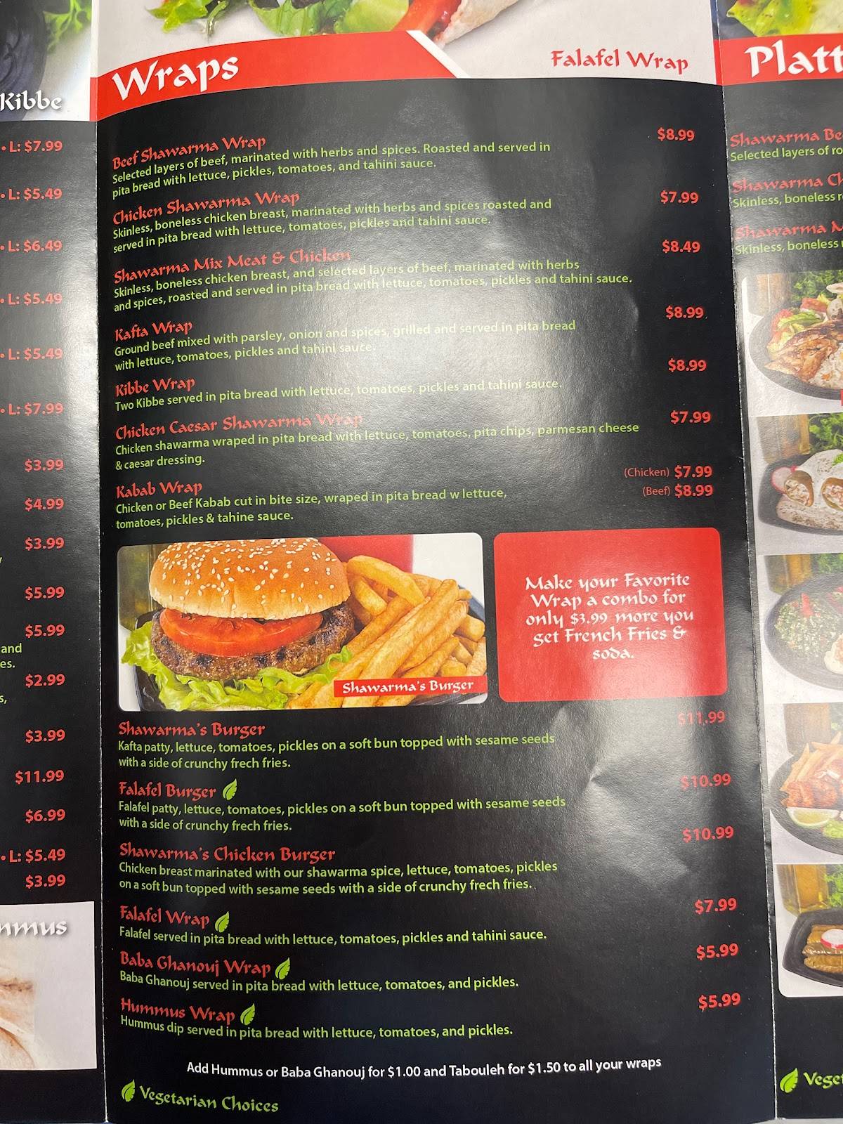 Menu at Shawarma Mediterranean Grill restaurant, Miami, SW 88th St