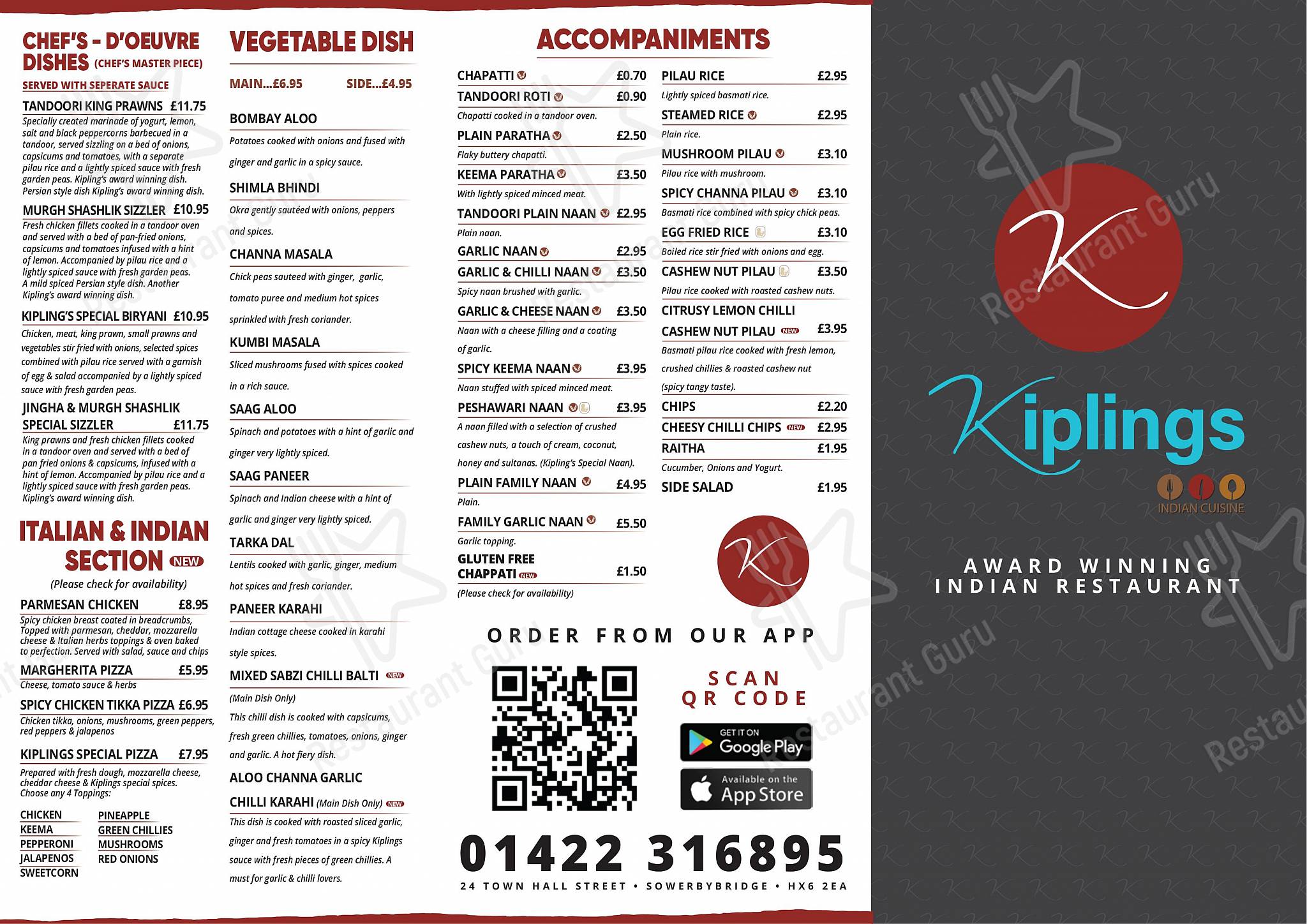 Menu at Kiplings Indian Restaurant, Halifax