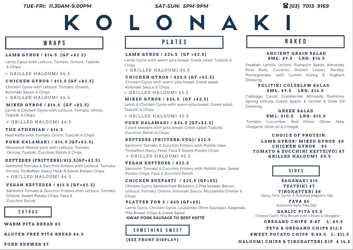 Menu at Kolonaki Athenian Street Food restaurant, Malvern