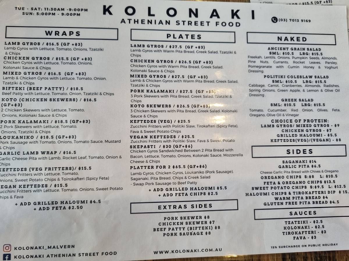 Menu at Kolonaki Athenian Street Food restaurant, Malvern