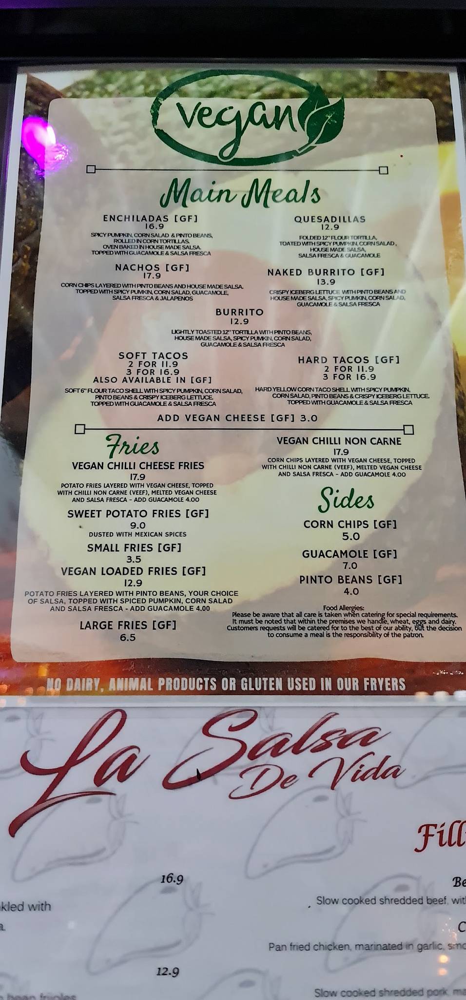 Menu at La Salsa De Vida Mexican restaurant, Nambour