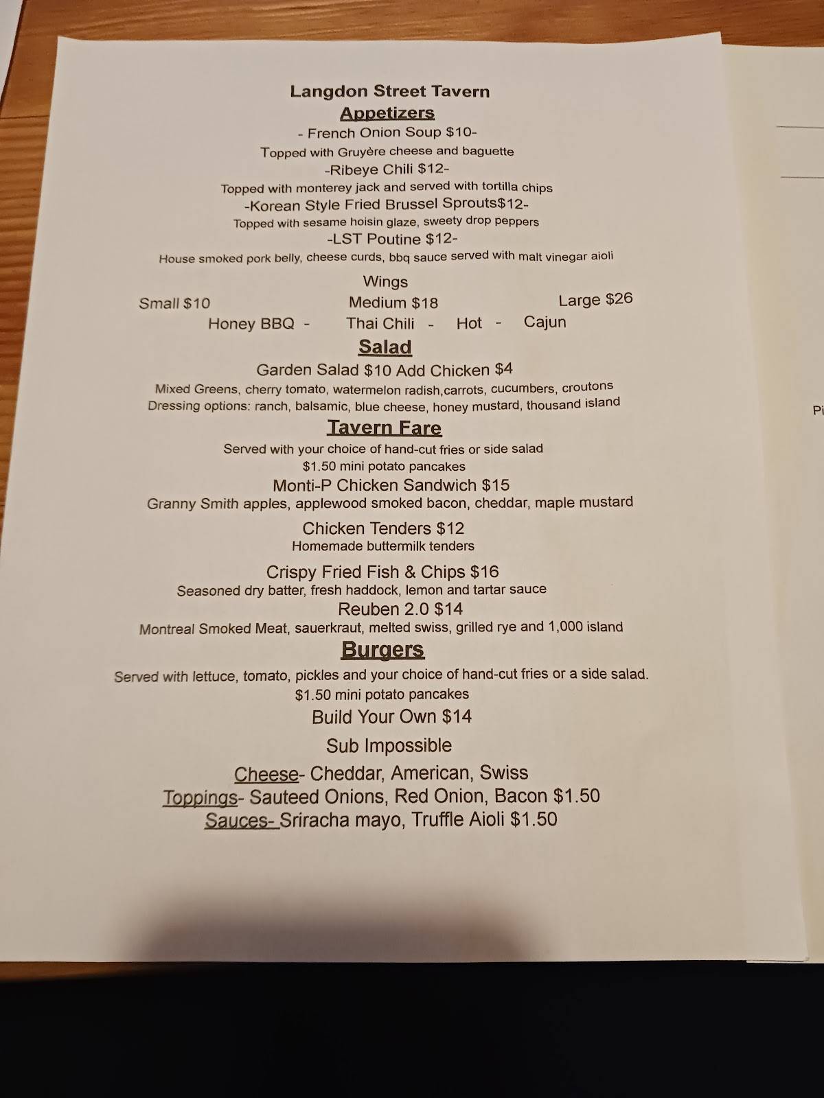 Menu at Langdon Street Tavern pub & bar, Montpelier