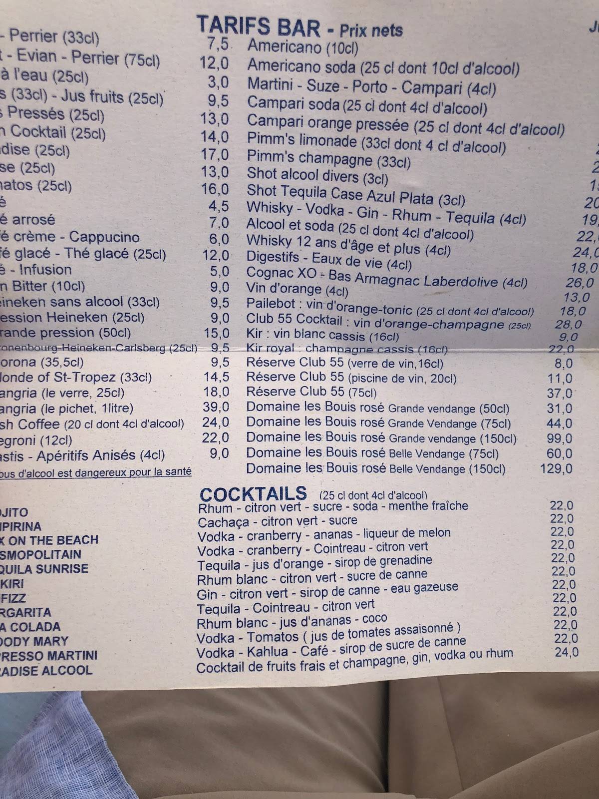 Menu at Le Club 55, Ramatuelle