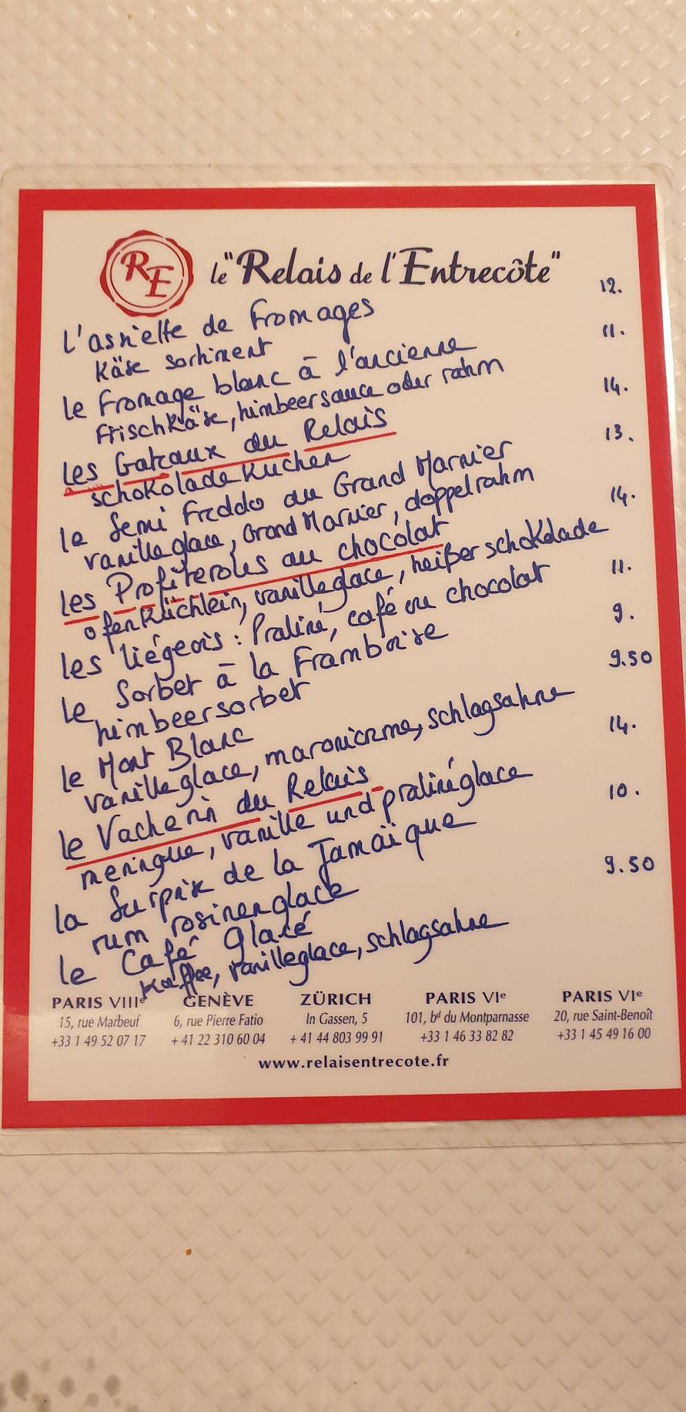 Menu Da Le Relais De L Entrecote Z Rich Zurigo