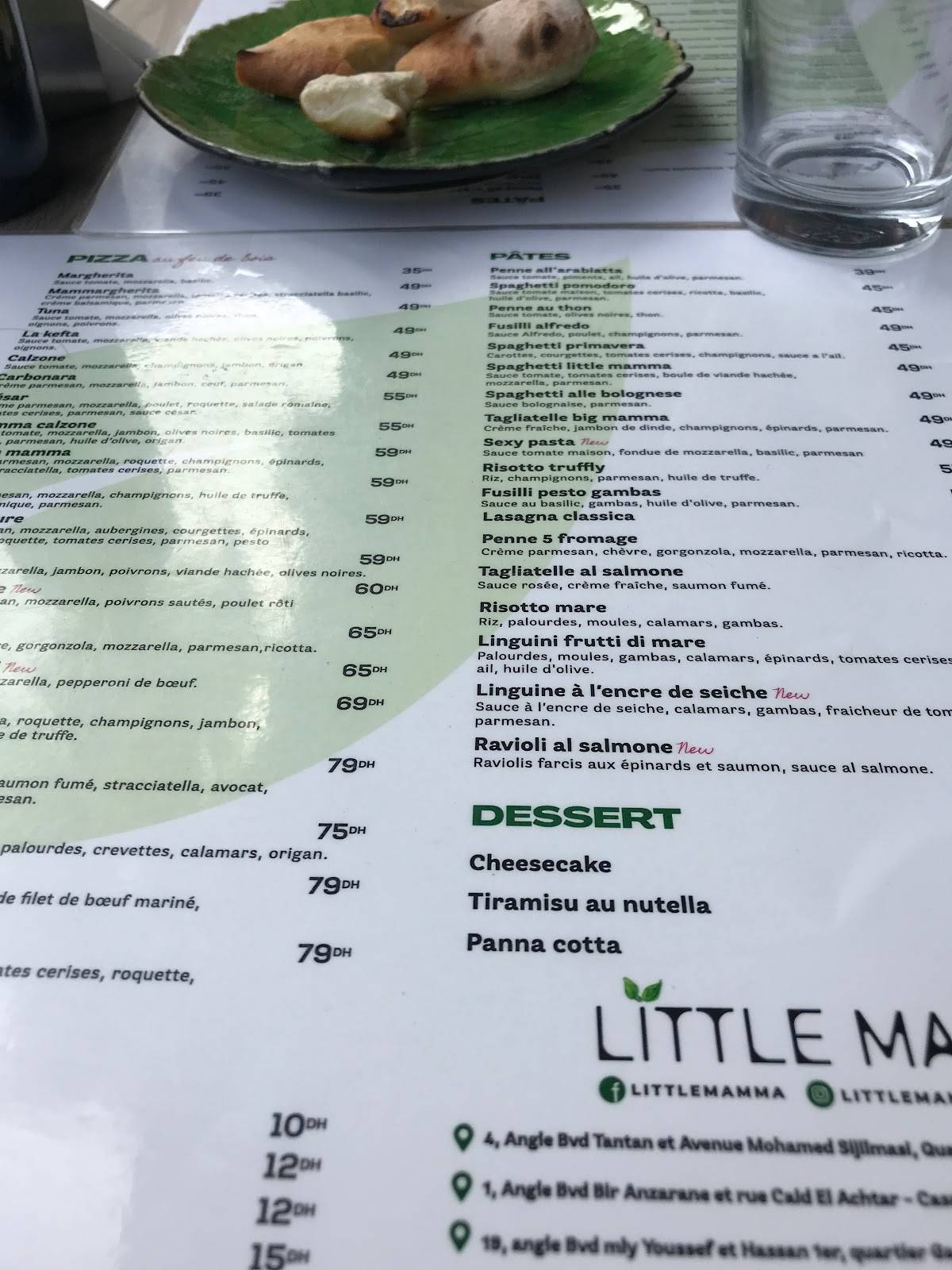 Menu au Little Mamma restaurant, Casablanca, Rue Kaid al Achtar