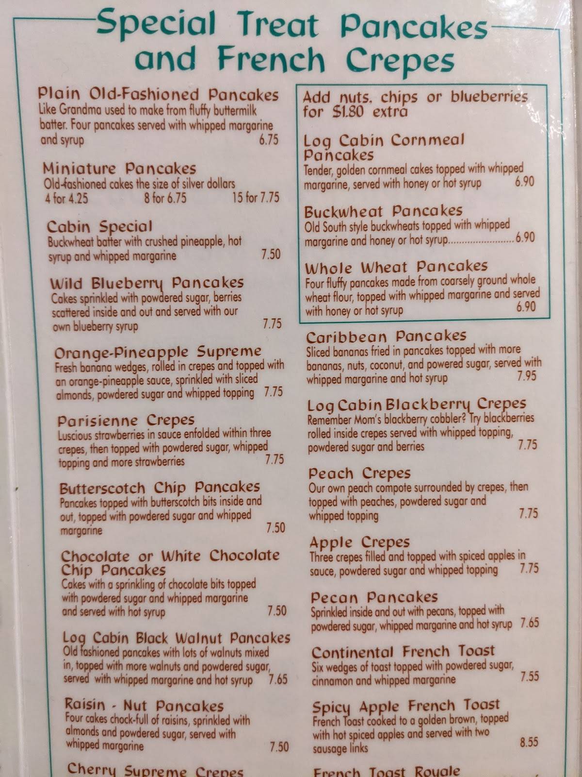 Menu at Log Cabin Pancake House restaurant, Gatlinburg, 327 Airport Rd. (Previously