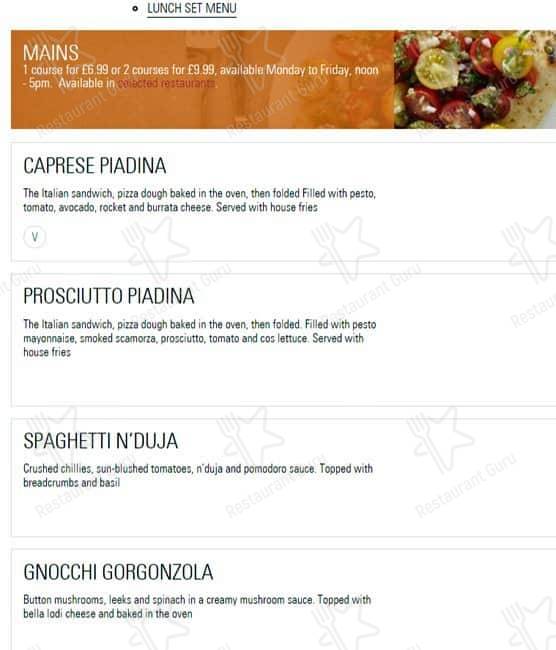 Prezzo Italian Restaurant Staines menu